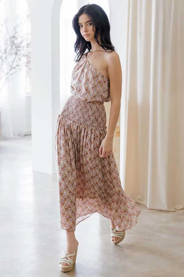 Smocked Waist Floral Print Maxi Skirt