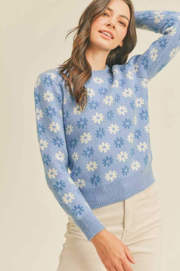 Snowflake Print Crew Neck Sweater blue front | MILK MONEY milkmoney.co | cute clothes for women. womens online clothing. trendy online clothing stores. womens casual clothing online. trendy clothes online. trendy women's clothing online. ladies online clothing stores. trendy women's clothing stores. cute female clothes.