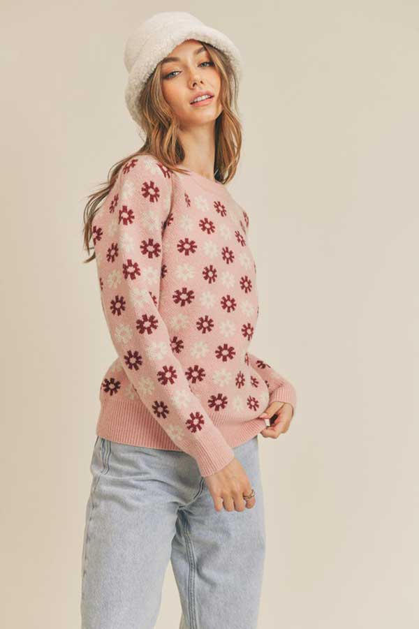 Snowflake Print Crew Neck Sweater pink side | MILK MONEY milkmoney.co | cute clothes for women. womens online clothing. trendy online clothing stores. womens casual clothing online. trendy clothes online. trendy women's clothing online. ladies online clothing stores. trendy women's clothing stores. cute female clothes.
