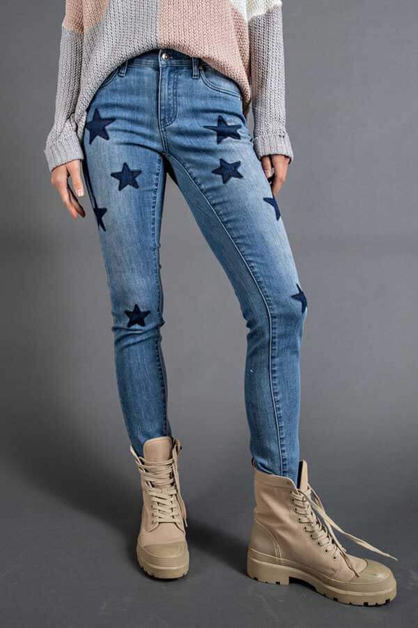 Star Print Slim Mid-Rise Jeans blue front | MILK MONEY milkmoney.co | cute clothes for women. womens online clothing. trendy online clothing stores. womens casual clothing online. trendy clothes online. trendy women's clothing online. ladies online clothing stores. trendy women's clothing stores. cute female clothes.