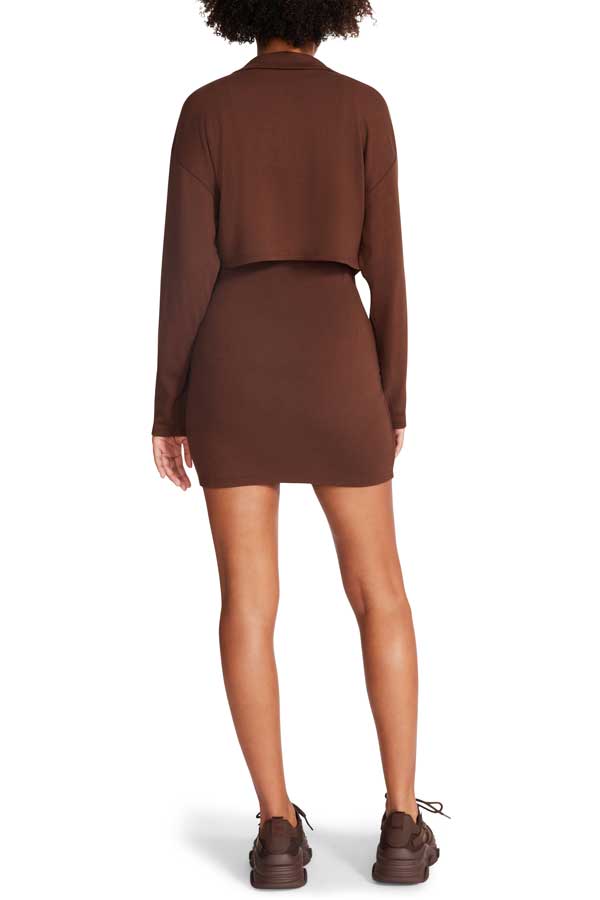 Steve Madden Becca Mini Dress And Jacket Set brown back | MILK MONEY milkmoney.co | cute clothes for women. womens online clothing. trendy online clothing stores. womens casual clothing online. trendy clothes online. trendy women's clothing online. ladies online clothing stores. trendy women's clothing stores. cute female clothes.