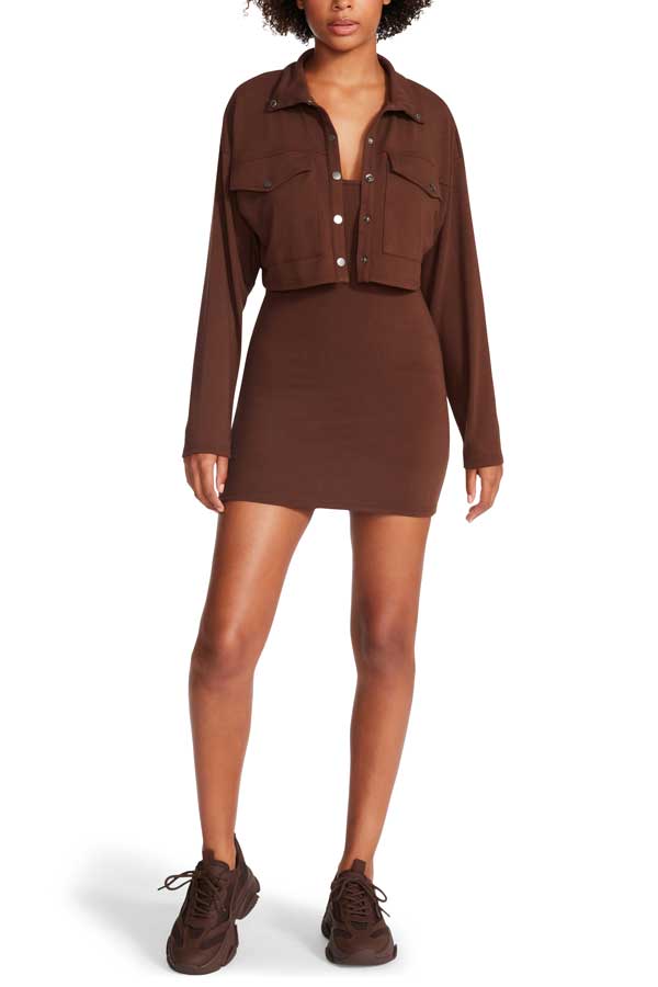 Steve Madden Becca Mini Dress And Jacket Set brown front | MILK MONEY milkmoney.co | cute clothes for women. womens online clothing. trendy online clothing stores. womens casual clothing online. trendy clothes online. trendy women's clothing online. ladies online clothing stores. trendy women's clothing stores. cute female clothes.