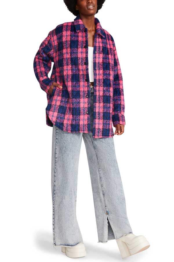 Steve Madden Belle Plaid Shacket pink front | MILK MONEY milkmoney.co | cute jackets for women. cute coats. cool jackets for women. stylish jackets for women. trendy jackets for women. trendy womens coats.