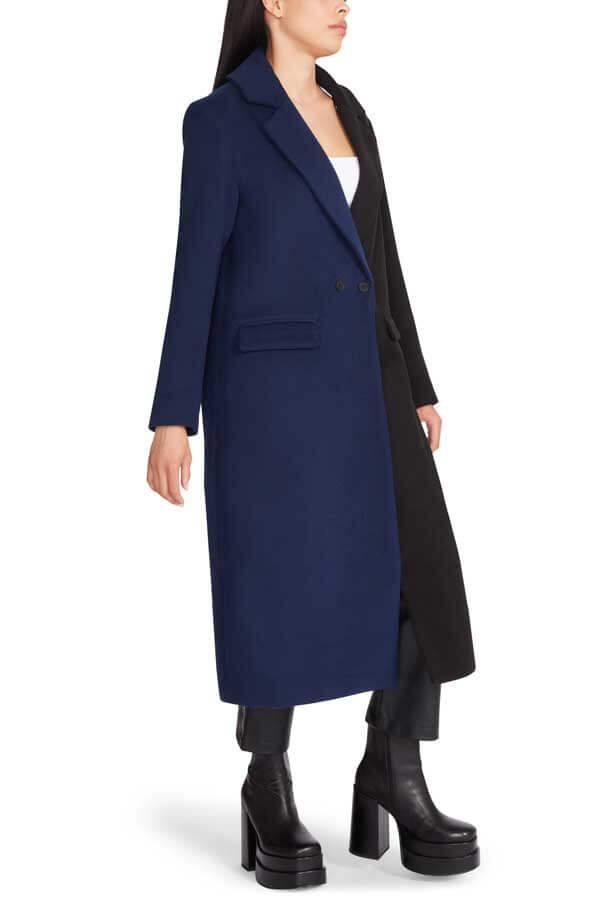 Steve Madden Caroline Colorblock Coat navy side | MILK MONEY milkmoney.co | cute jackets for women. cute coats. cool jackets for women. stylish jackets for women. trendy jackets for women. trendy womens coats.