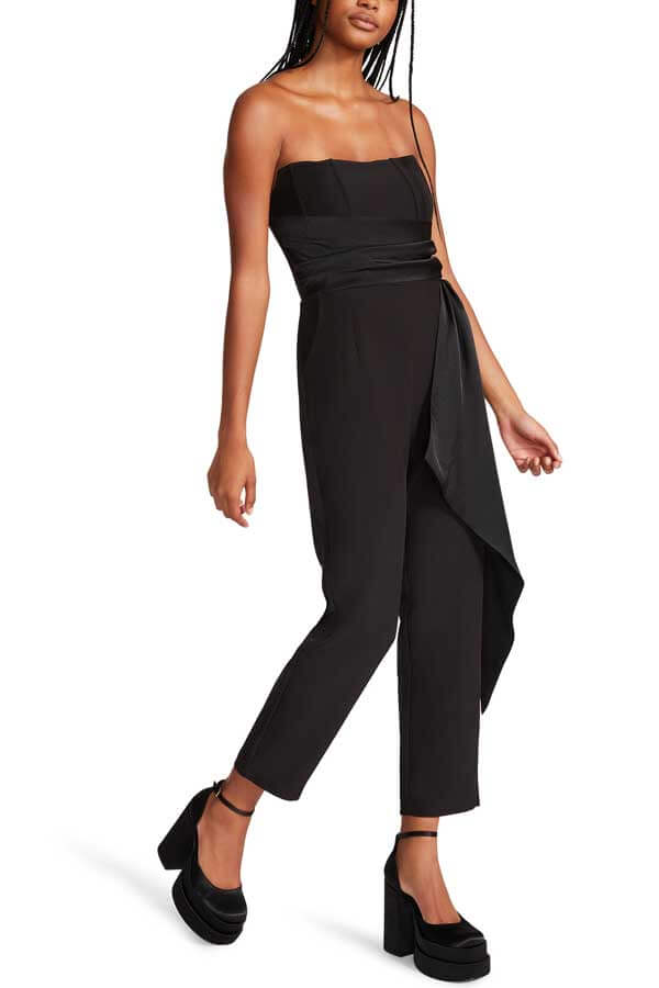 Steve Madden Harlen Strapless Wrap Belt Jumpsuit black side | MILK MONEY milkmoney.co | cute clothes for women. womens online clothing. trendy online clothing stores. womens casual clothing online. trendy clothes online. trendy women's clothing online. ladies online clothing stores. trendy women's clothing stores. cute female clothes.