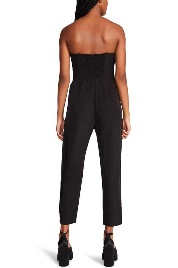 Steve Madden Harlen Strapless Wrap Belt Jumpsuit black back | MILK MONEY milkmoney.co | cute clothes for women. womens online clothing. trendy online clothing stores. womens casual clothing online. trendy clothes online. trendy women's clothing online. ladies online clothing stores. trendy women's clothing stores. cute female clothes.