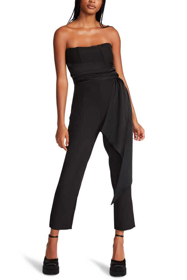 Steve Madden Harlen Strapless Wrap Belt Jumpsuit black front | MILK MONEY milkmoney.co | cute clothes for women. womens online clothing. trendy online clothing stores. womens casual clothing online. trendy clothes online. trendy women's clothing online. ladies online clothing stores. trendy women's clothing stores. cute female clothes.