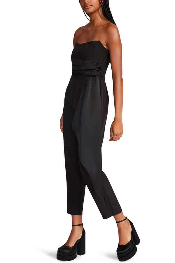 Steve Madden Harlen Strapless Wrap Belt Jumpsuit black side | MILK MONEY milkmoney.co | cute clothes for women. womens online clothing. trendy online clothing stores. womens casual clothing online. trendy clothes online. trendy women's clothing online. ladies online clothing stores. trendy women's clothing stores. cute female clothes.