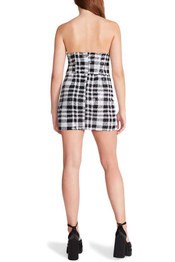 Steve Madden Reta Sequin Plaid Strapless Minidress white back | MILK MONEY milkmoney.co | cute clothes for women. womens online clothing. trendy online clothing stores. womens casual clothing online. trendy clothes online. trendy women's clothing online. ladies online clothing stores. trendy women's clothing stores. cute female clothes.