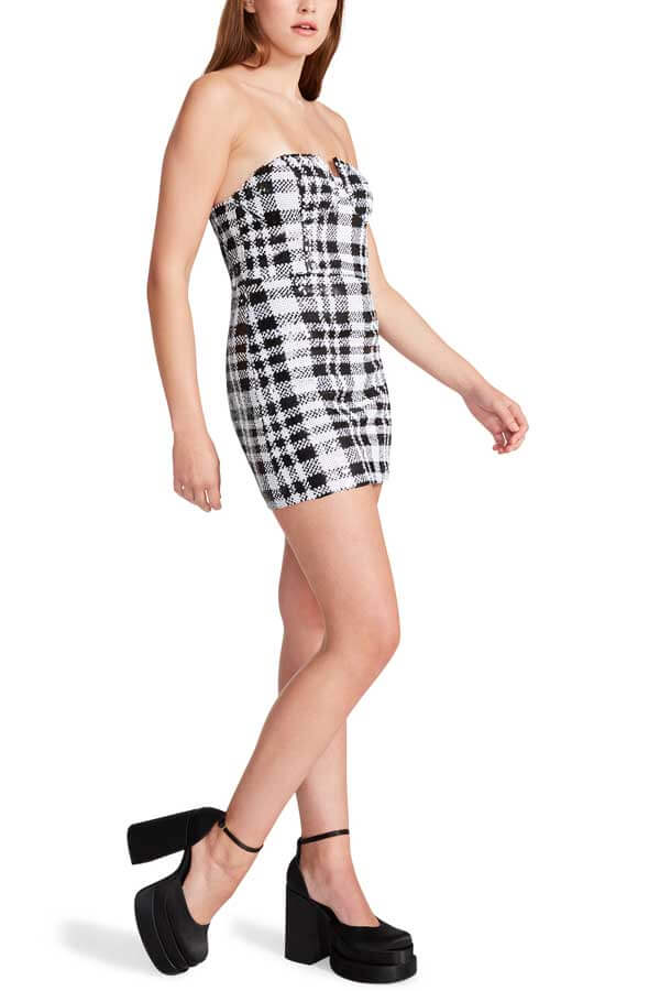 Steve Madden Reta Sequin Plaid Strapless Minidress white side| MILK MONEY milkmoney.co | cute clothes for women. womens online clothing. trendy online clothing stores. womens casual clothing online. trendy clothes online. trendy women's clothing online. ladies online clothing stores. trendy women's clothing stores. cute female clothes.