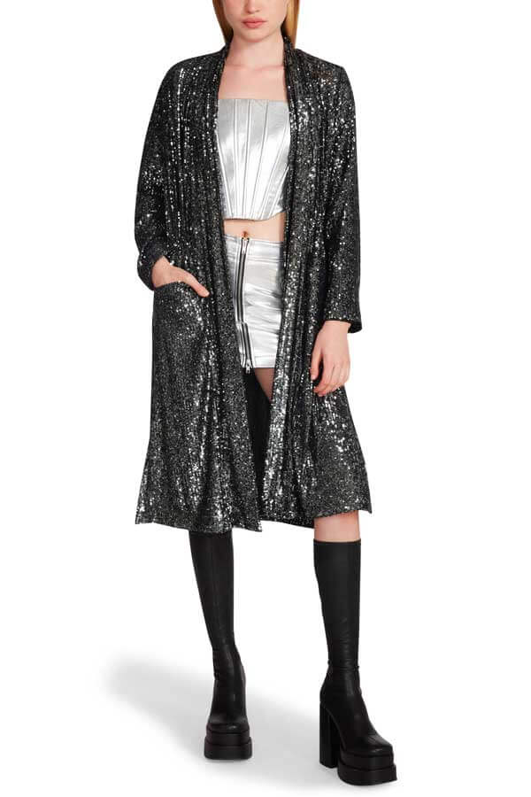 Steve Madden Show Stopper Sequin Duster Jacket gunmetal front | MILK MONEY milkmoney.co | cute jackets for women. cute coats. cool jackets for women. stylish jackets for women. trendy jackets for women. trendy womens coats.