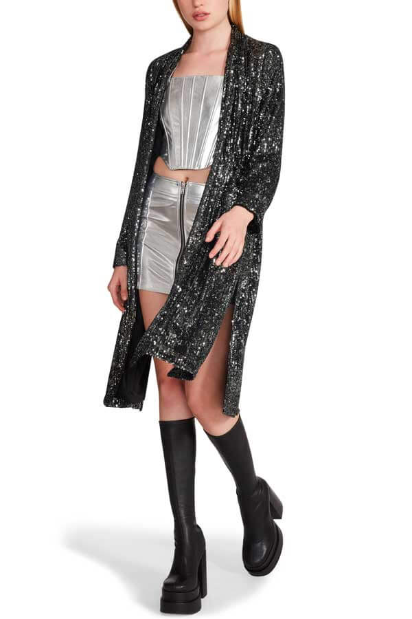 Steve Madden Show Stopper Sequin Duster Jacket gunmetal front | MILK MONEY milkmoney.co | cute jackets for women. cute coats. cool jackets for women. stylish jackets for women. trendy jackets for women. trendy womens coats.