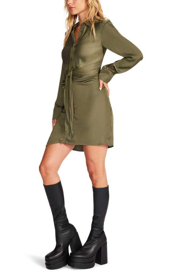 Steve Madden Tie Curious Dress olive side | MILK MONEY milkmoney.co | cute clothes for women. womens online clothing. trendy online clothing stores. womens casual clothing online. trendy clothes online. trendy women's clothing online. ladies online clothing stores. trendy women's clothing stores. cute female clothes.