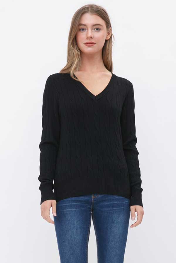 V-Neck Cable Knit Sweater black front | MILK MONEY milkmoney.co | cute clothes for women. womens online clothing. trendy online clothing stores. womens casual clothing online. trendy clothes online. trendy women's clothing online. ladies online clothing stores. trendy women's clothing stores. cute female clothes.