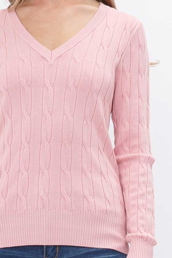 V-Neck Cable Knit Sweater pink detail | MILK MONEY milkmoney.co | cute clothes for women. womens online clothing. trendy online clothing stores. womens casual clothing online. trendy clothes online. trendy women's clothing online. ladies online clothing stores. trendy women's clothing stores. cute female clothes.