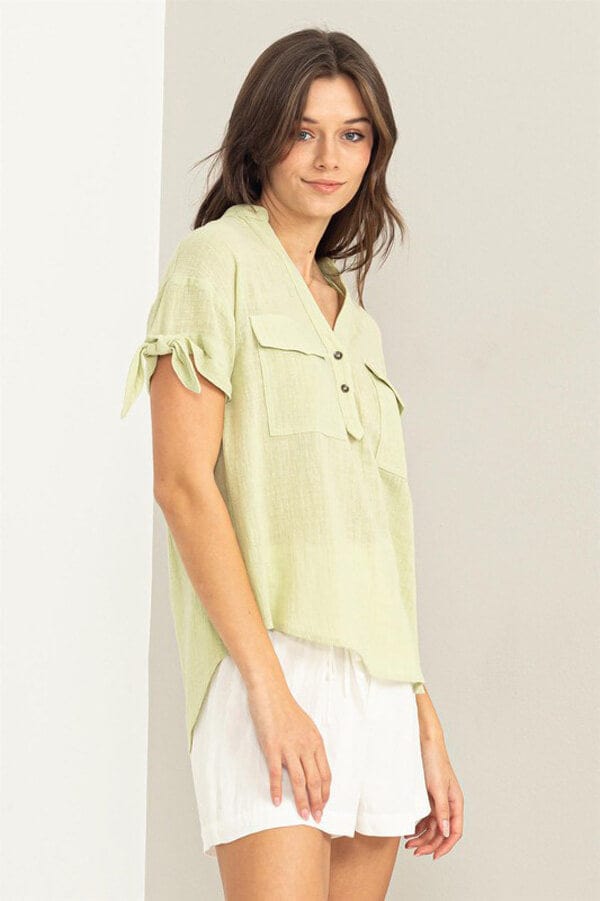 V-Neck Linen Top sage side | MILK MONEY milkmoney.co | cute tops for women. trendy tops for women. cute blouses for women. stylish tops for women. pretty womens tops.