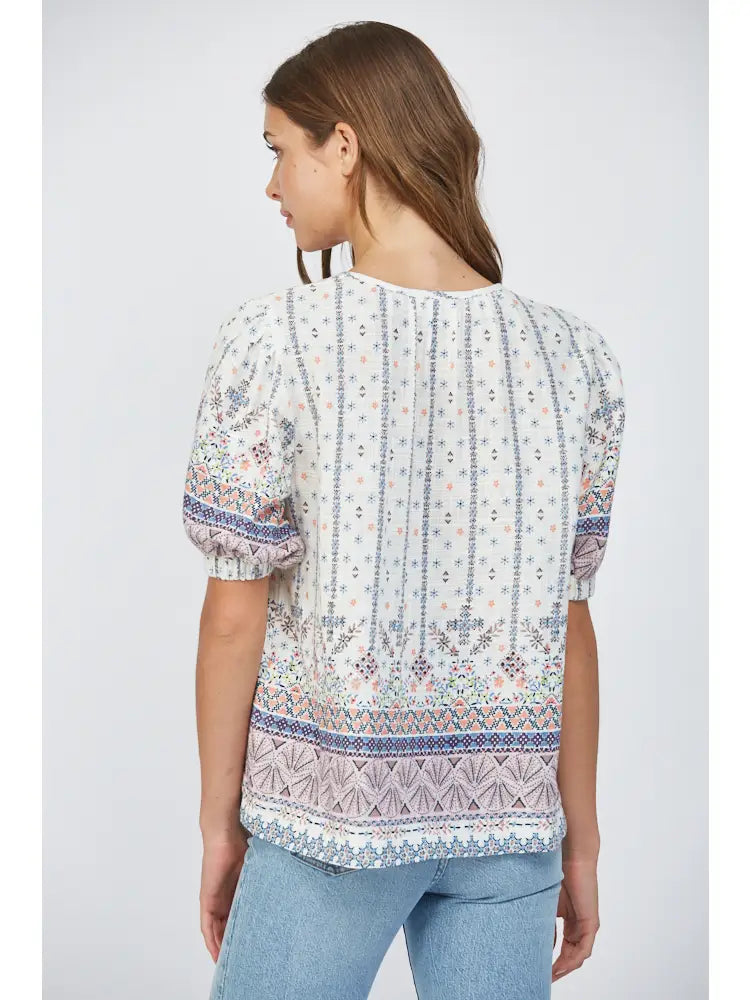 Pleat Detail Cotton Gauze Split Neck Top