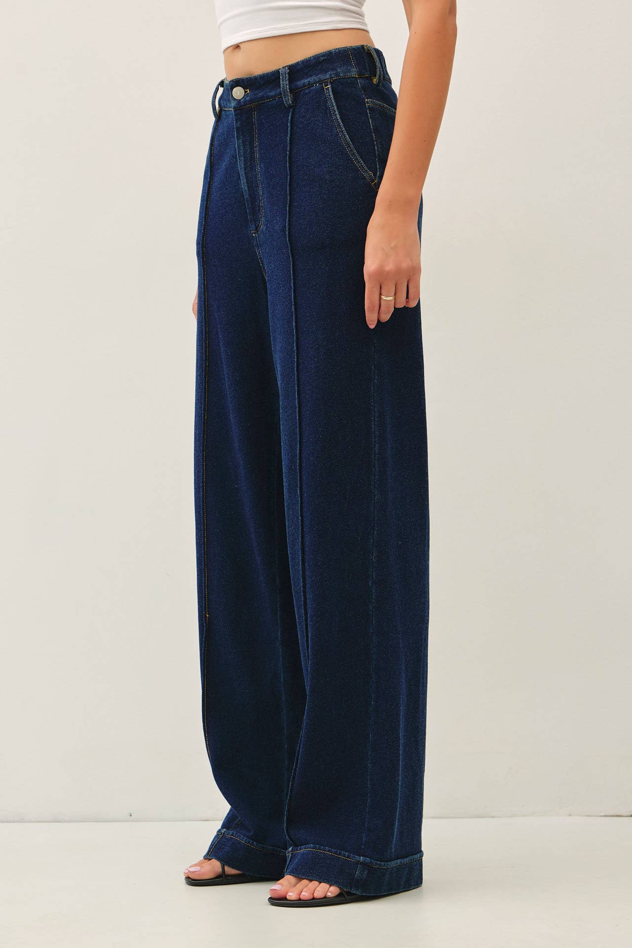 Knit Denim Wide Leg Pintuck Pants