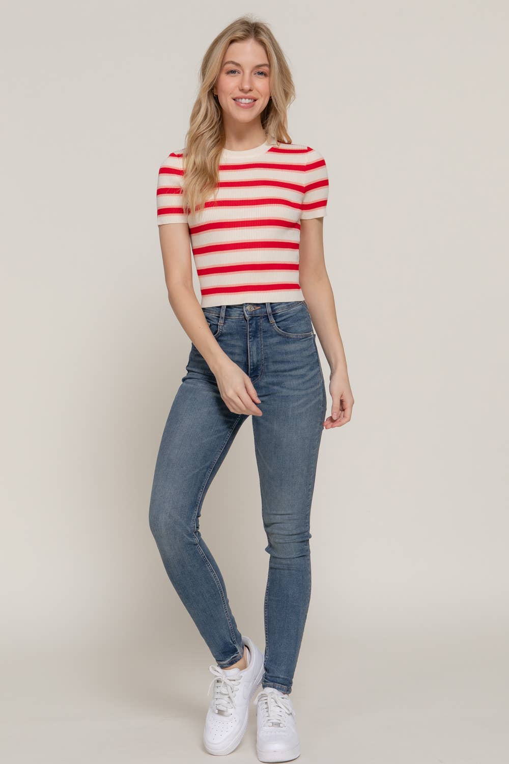 Short-Sleeve Ribbed Multi-Stripe Top