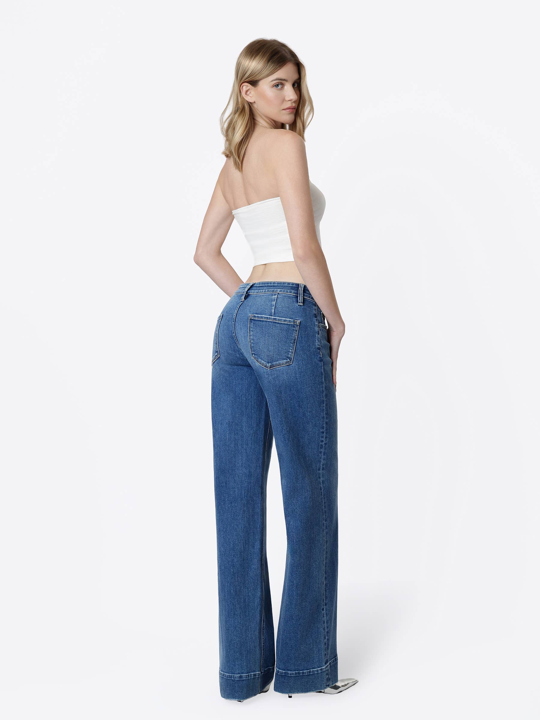 Low Rise Trouser Hem Dark Wash Wide Leg Jeans