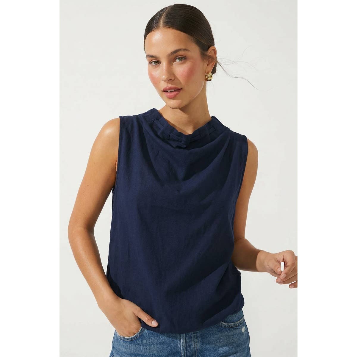 Cinched Mock Neck Sleeveless Top