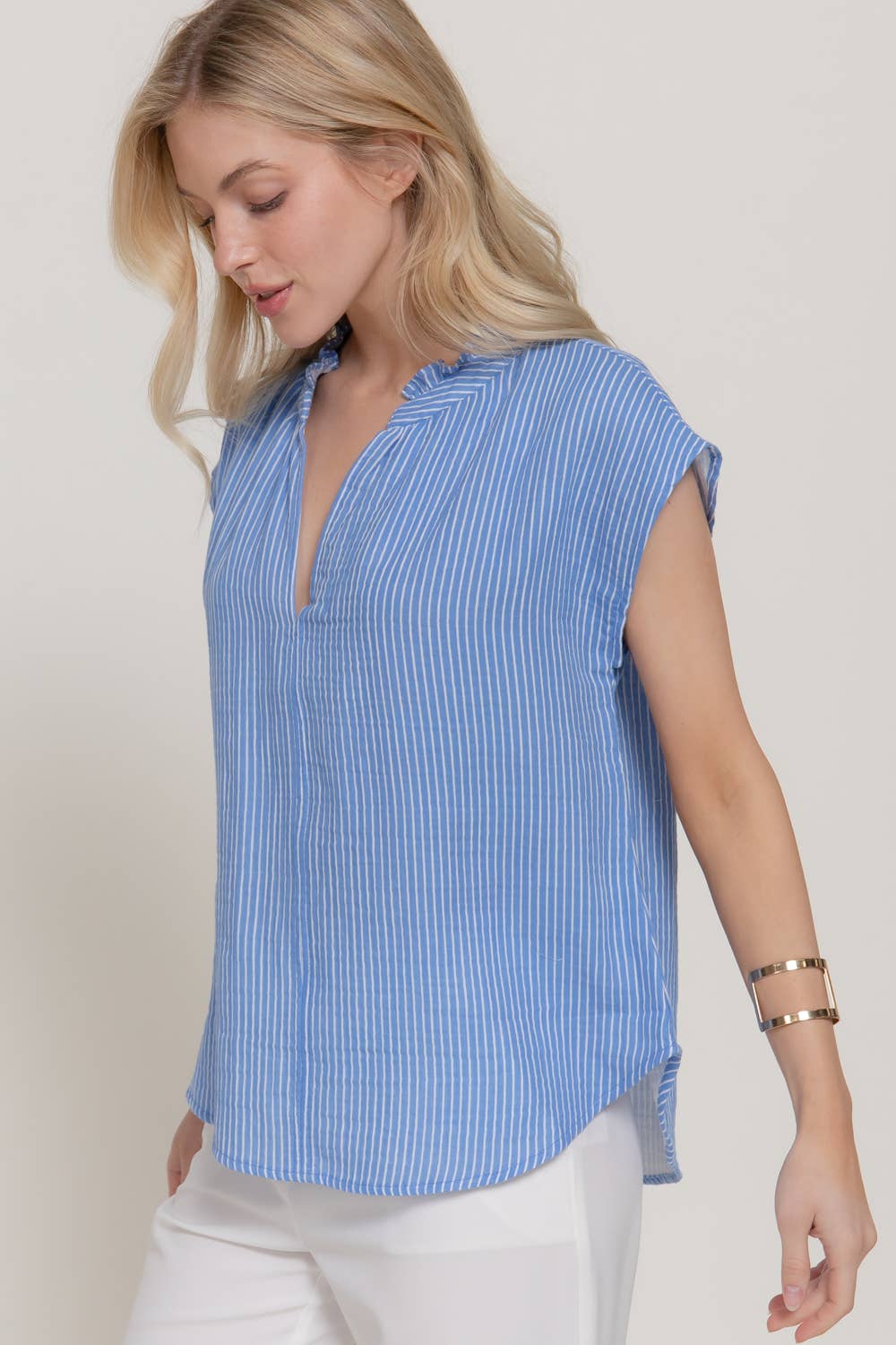 Ruffle V-Neck Cotton Blouse