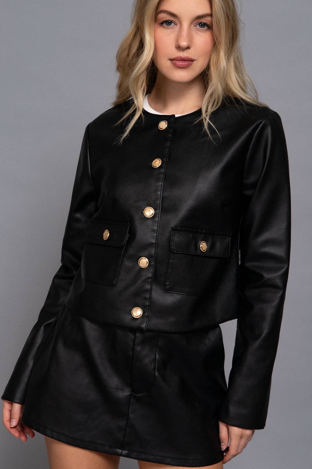 Round Neck Faux Leather Jacket