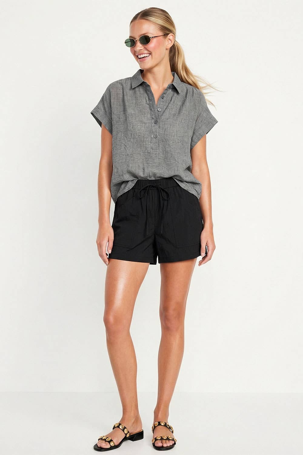 Cotton Short Sleeve Popover Blouse