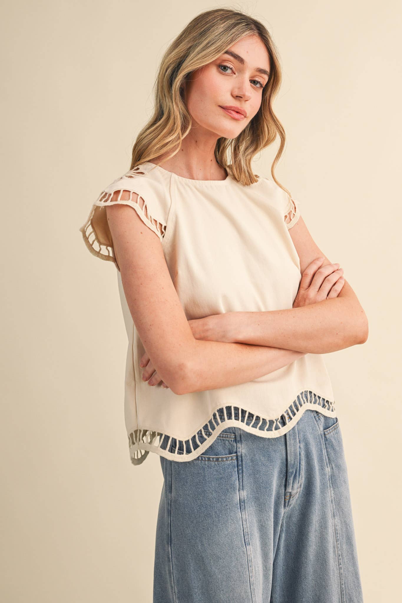 Embroidered Cut-Out Cap Sleeve Top
