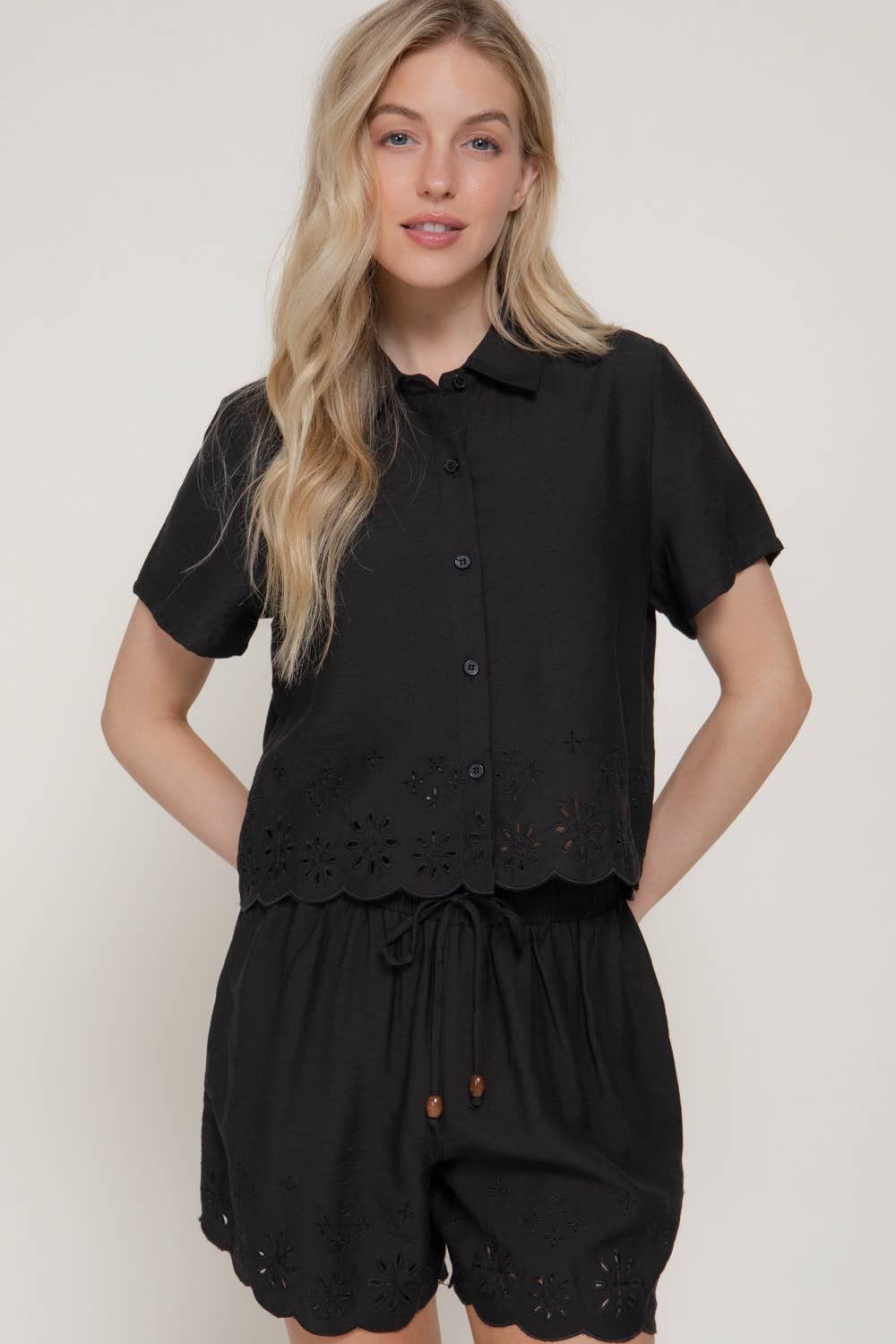 Button-Up Eyelet Hem Top