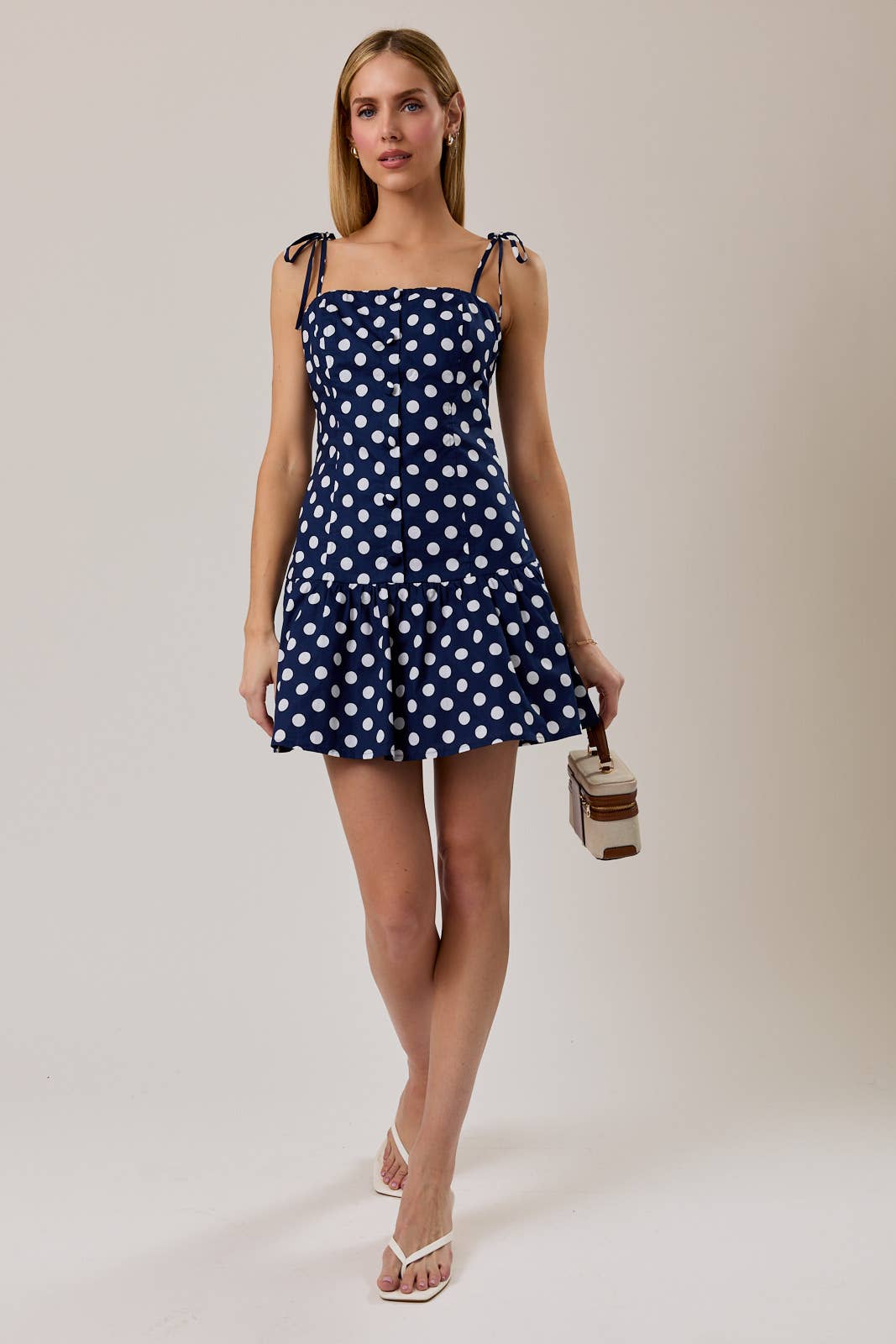 Drop Waist Button-Up Polka Dot Mini Dress