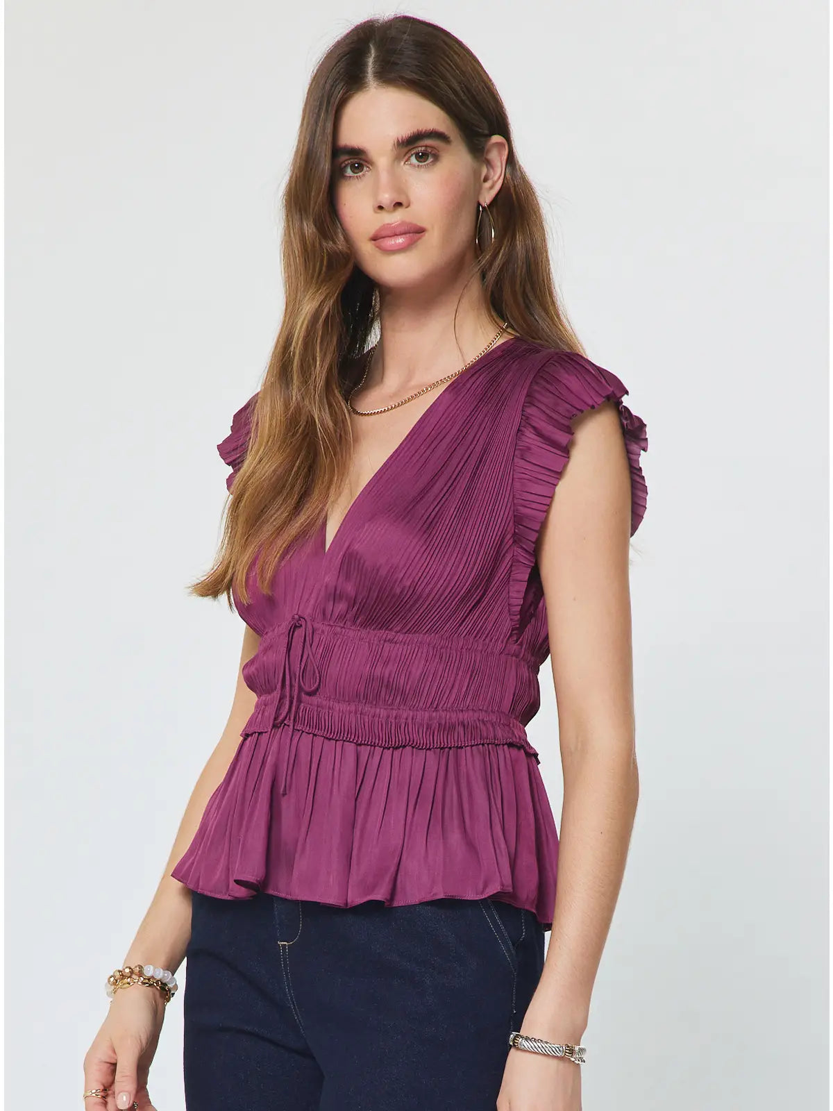Pleated Peplum V-Neck Blouse