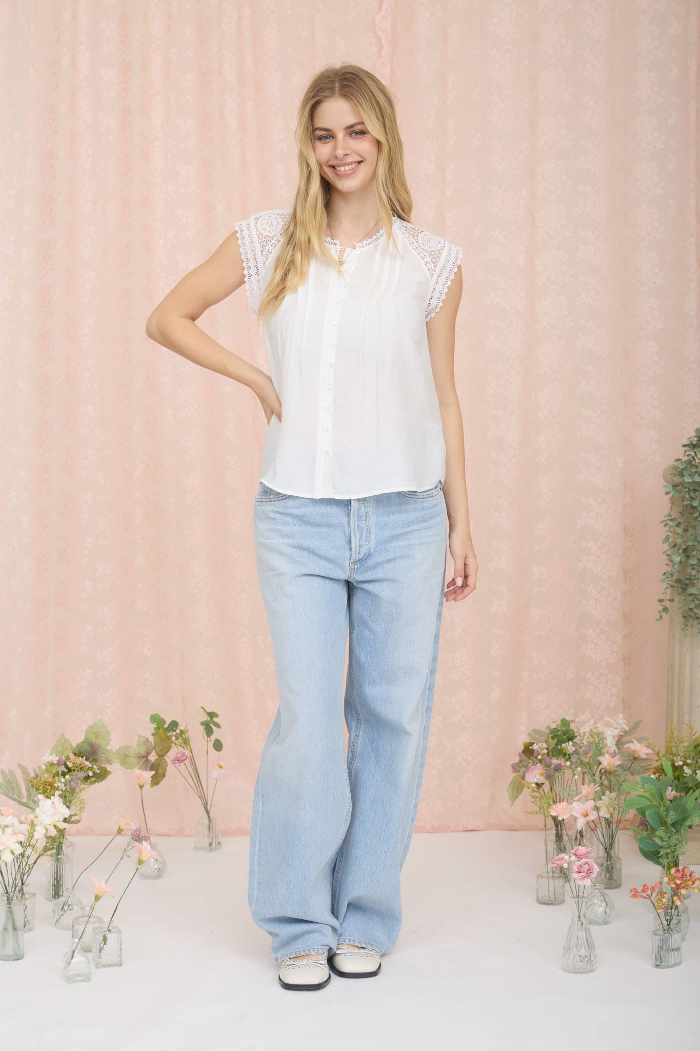 Lace Shoulder Button Blouse