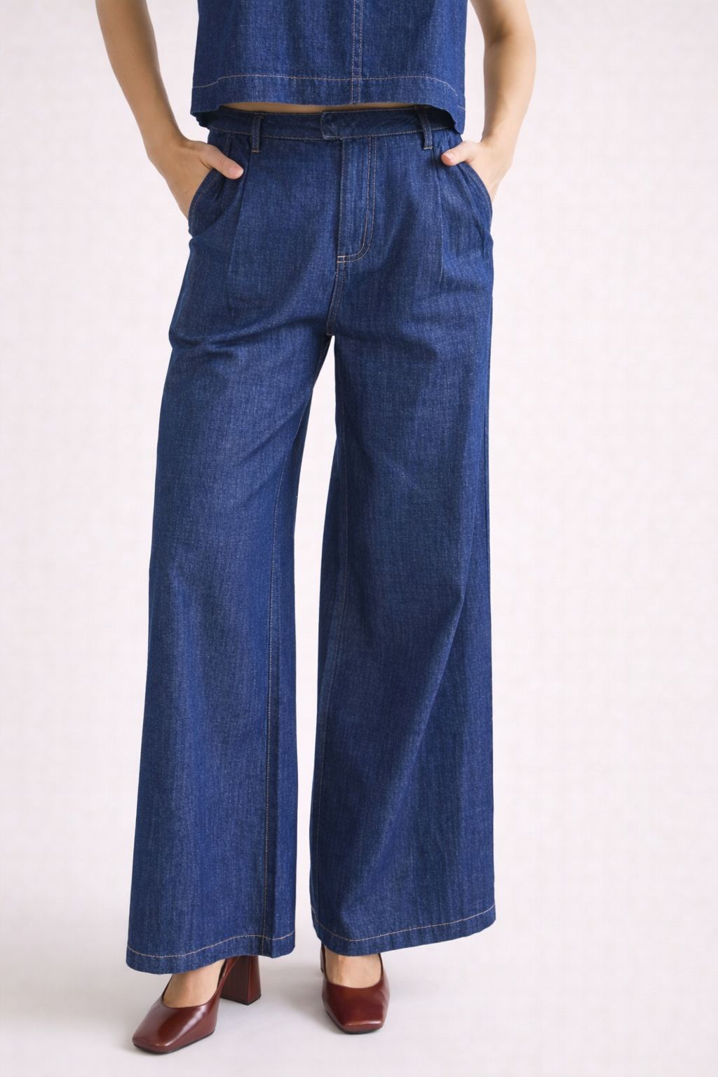 High Waist Pleated Wide Leg Denim Pants