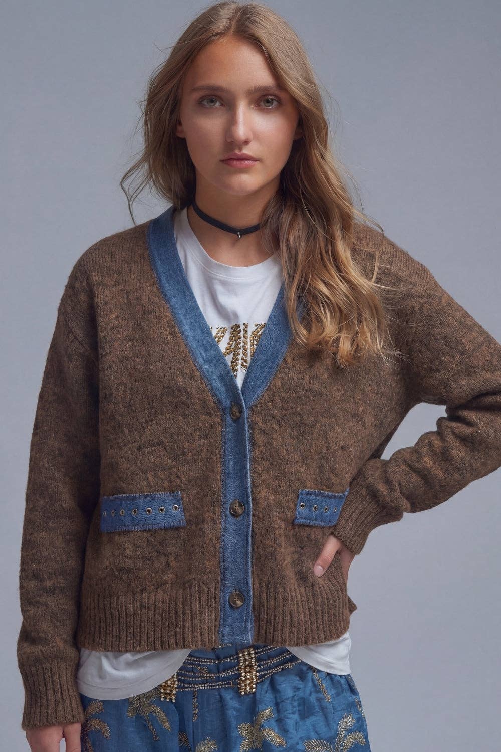 Distressed Denim Trim Cardigan