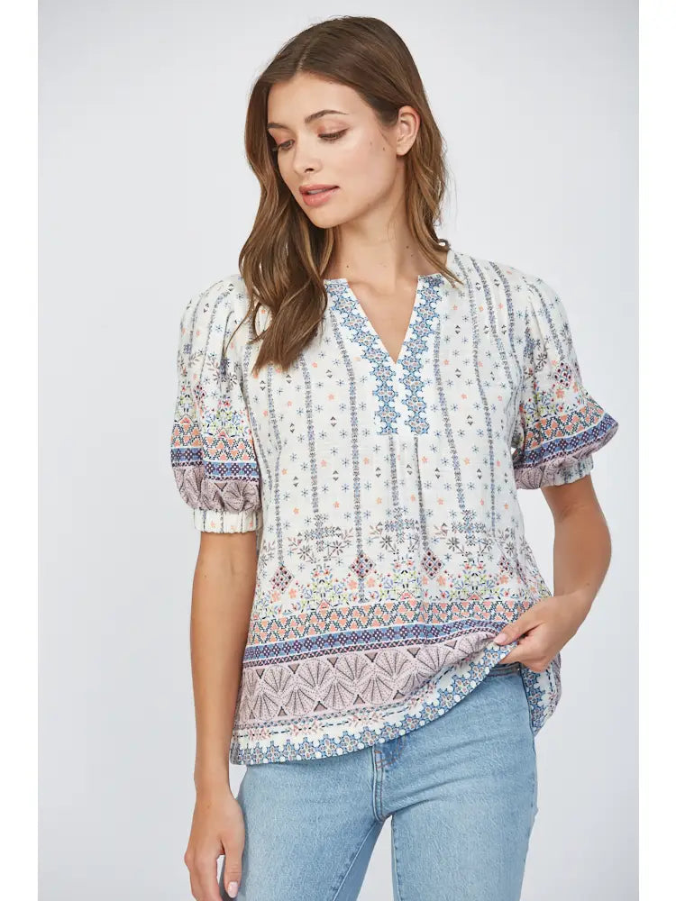 Pleat Detail Cotton Gauze Split Neck Top