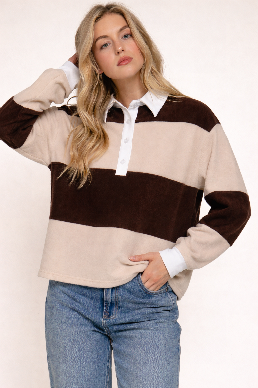 Rugby Stripe Fleece Polo Top