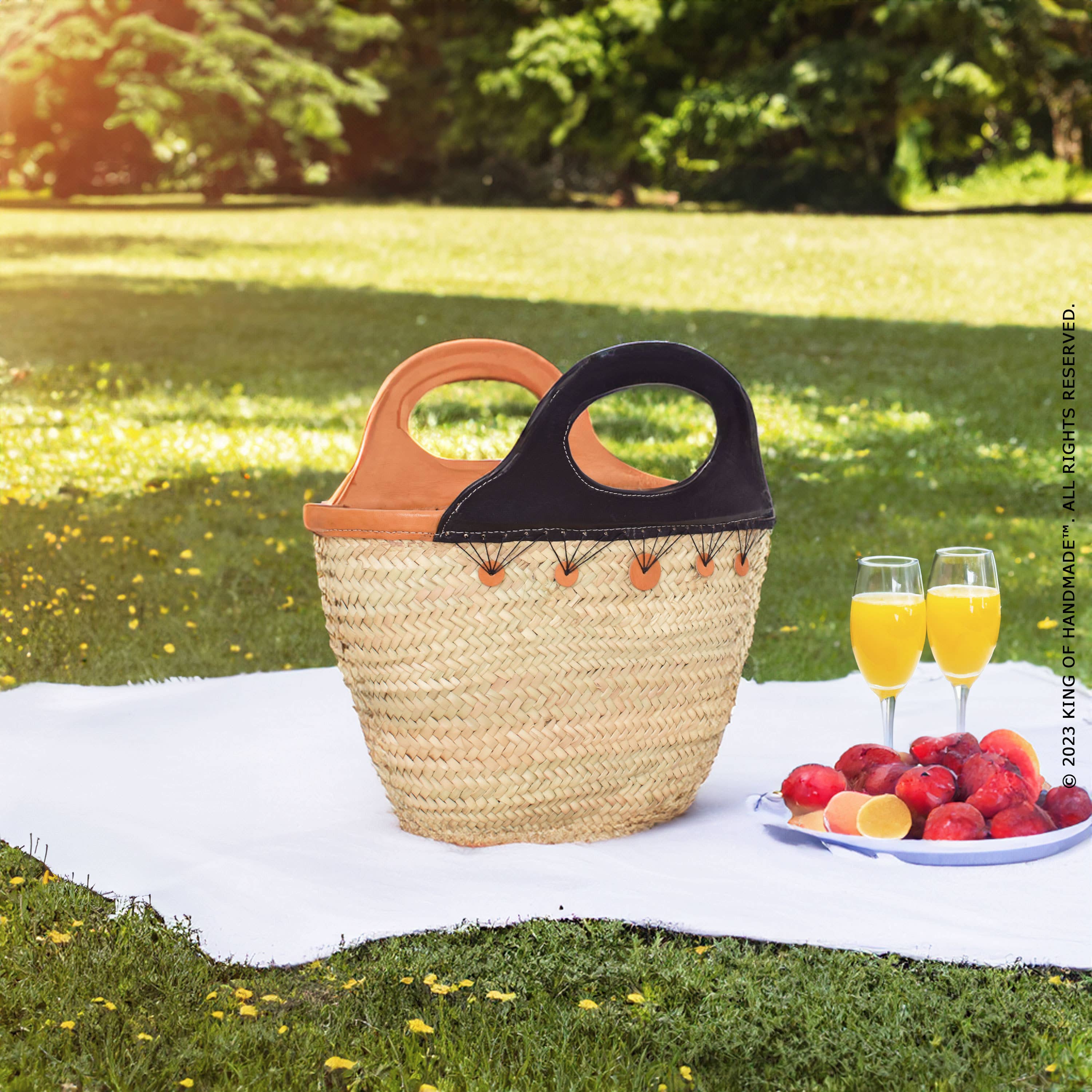 Leather Handle Straw Bag