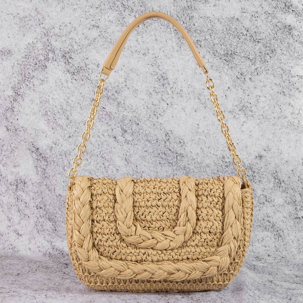 Woven Raffia Flap Shoulder Bag