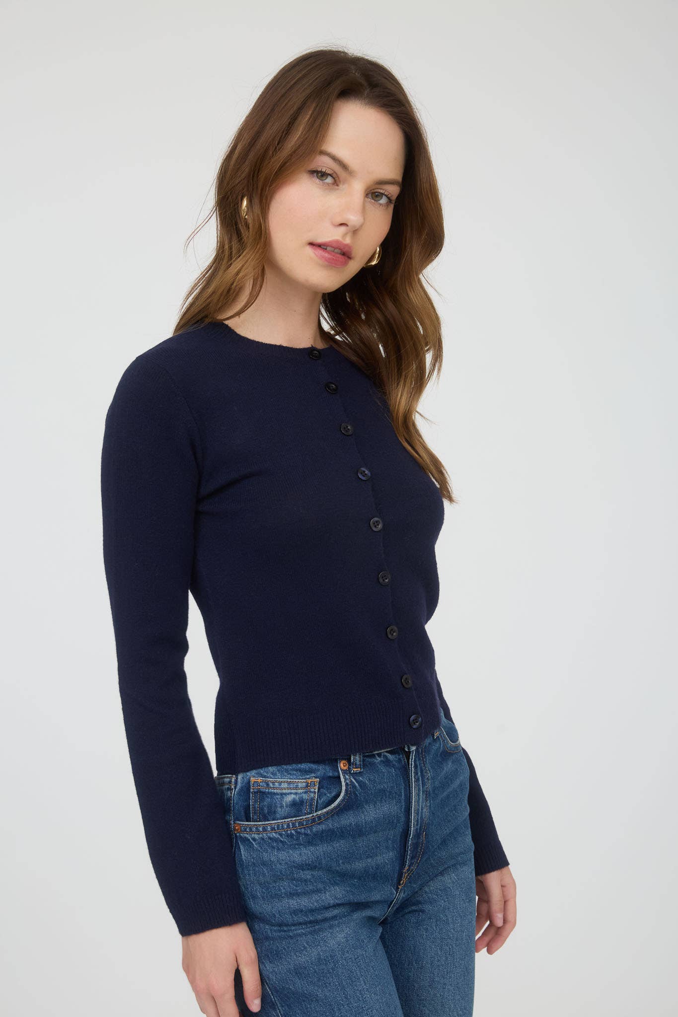 Round Neck Button Down Long Sleeve Cardigan