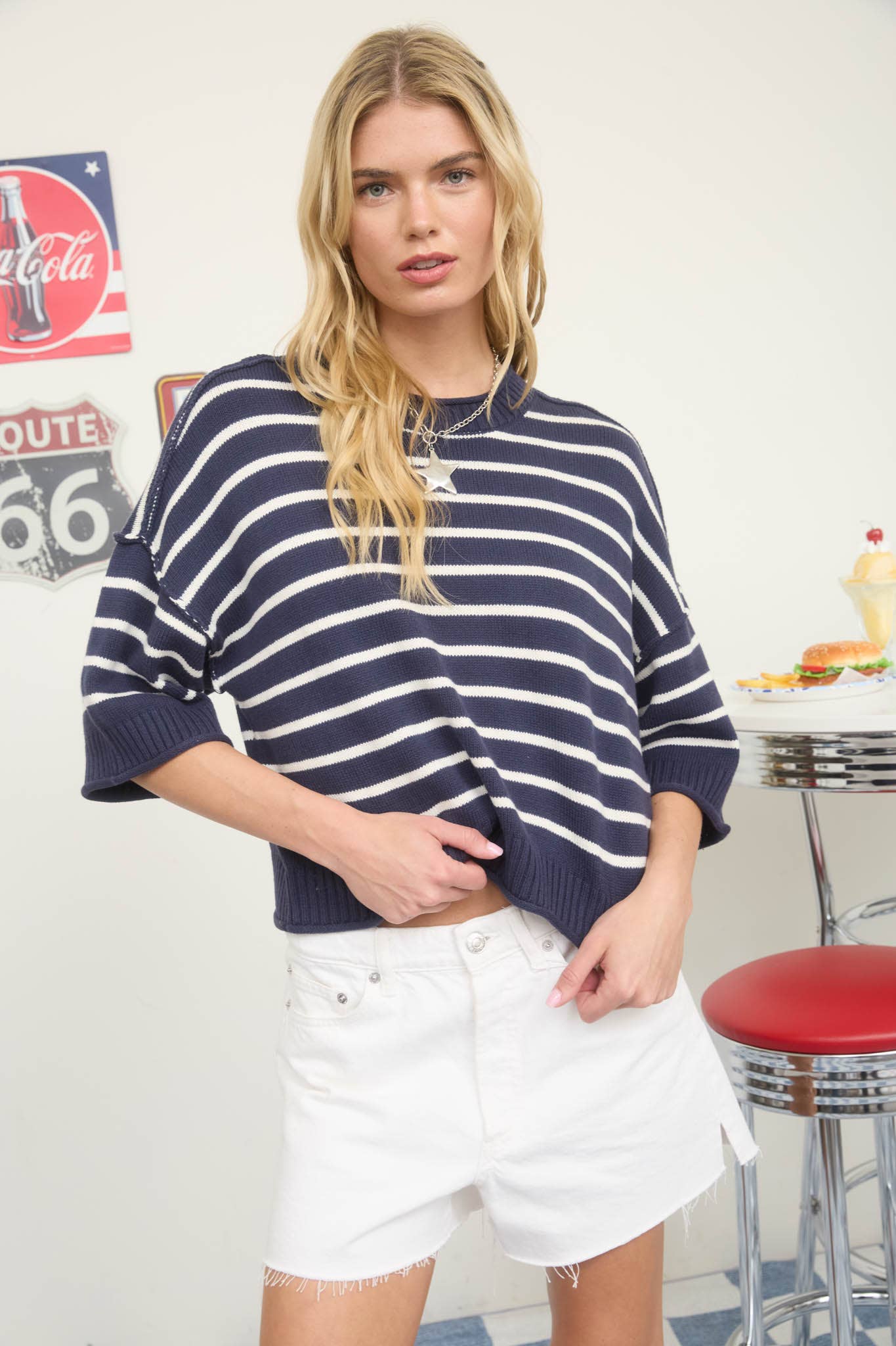 Drop Shoulder Short Sleeve Sweater