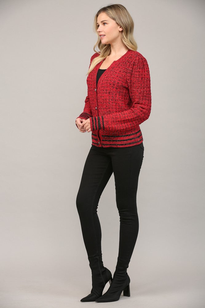 Metallic Waffle Knit V-Neck Cardigan
