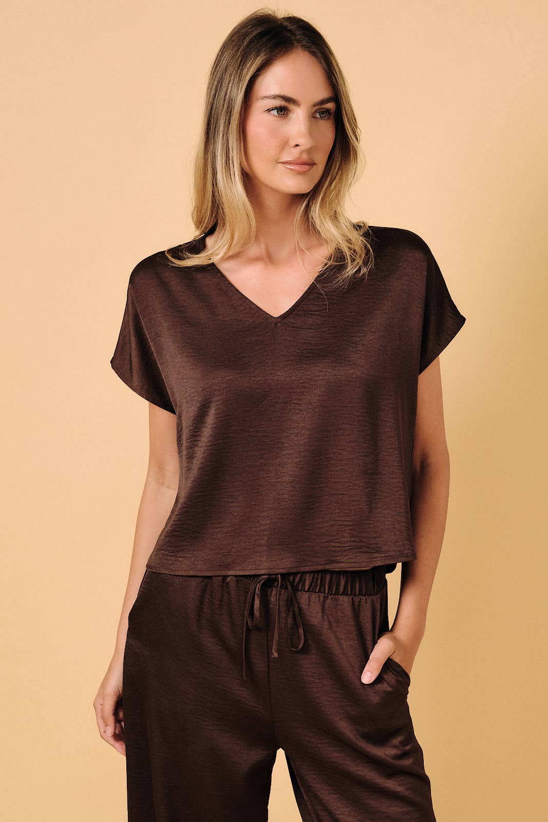 V-Neck Short Sleeve Crinkle Satin Top