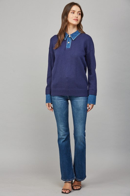 Denim Collar Solid Navy Sweater