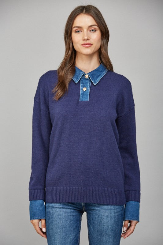 Denim Collar Solid Navy Sweater