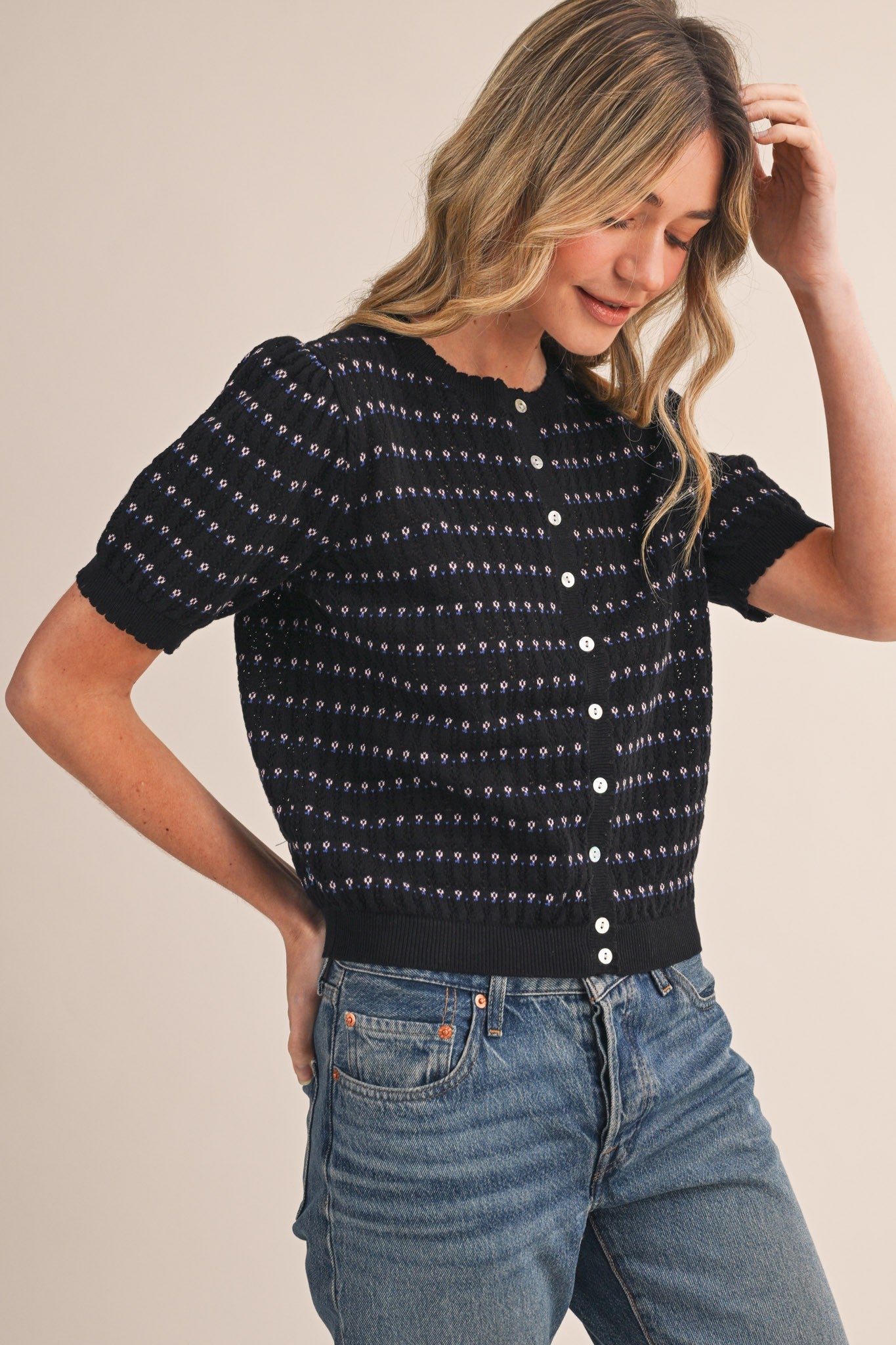 Pointelle Puff Sleeve Sweater Top