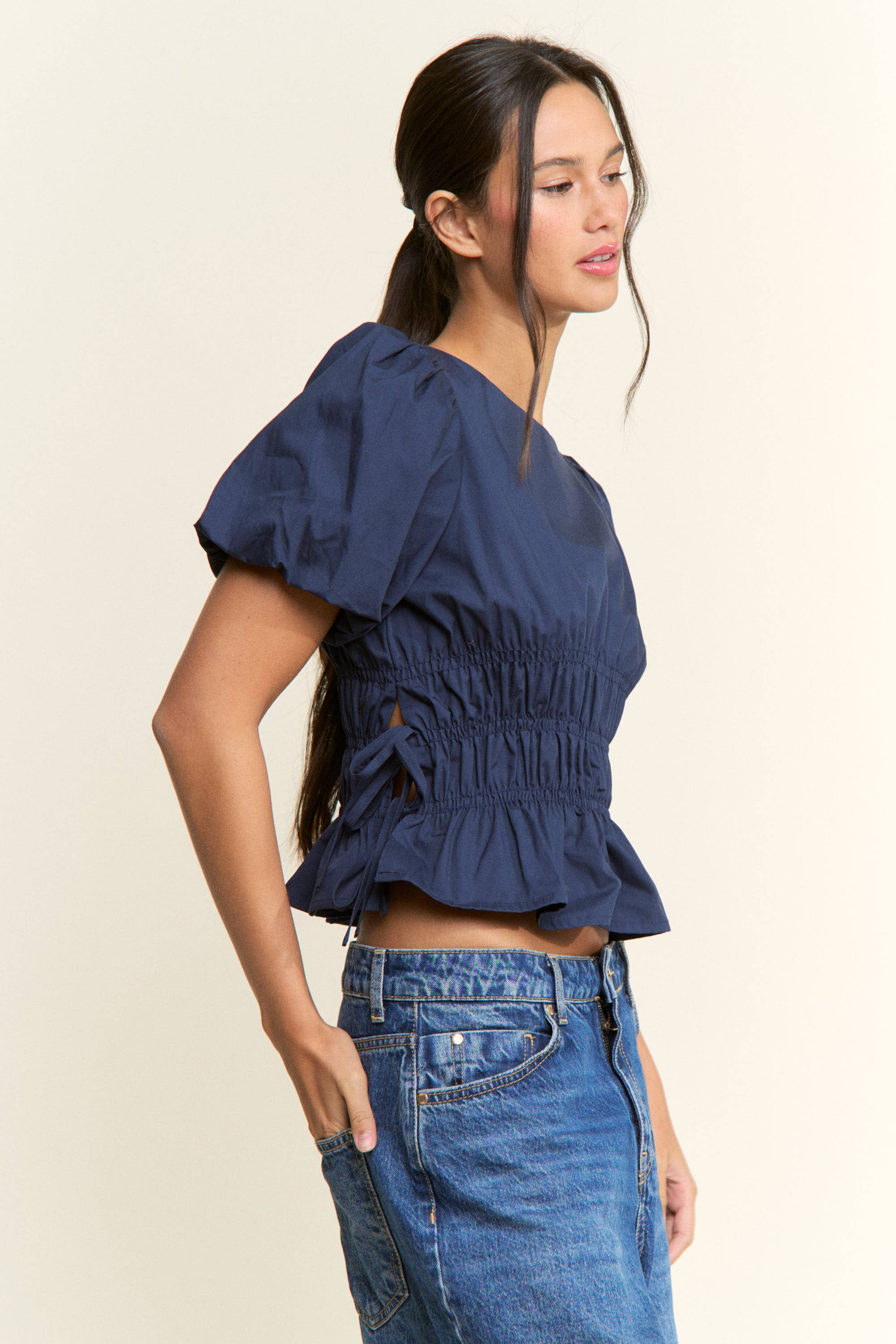 Boat Neckline Smocked Puff Sleeve Top