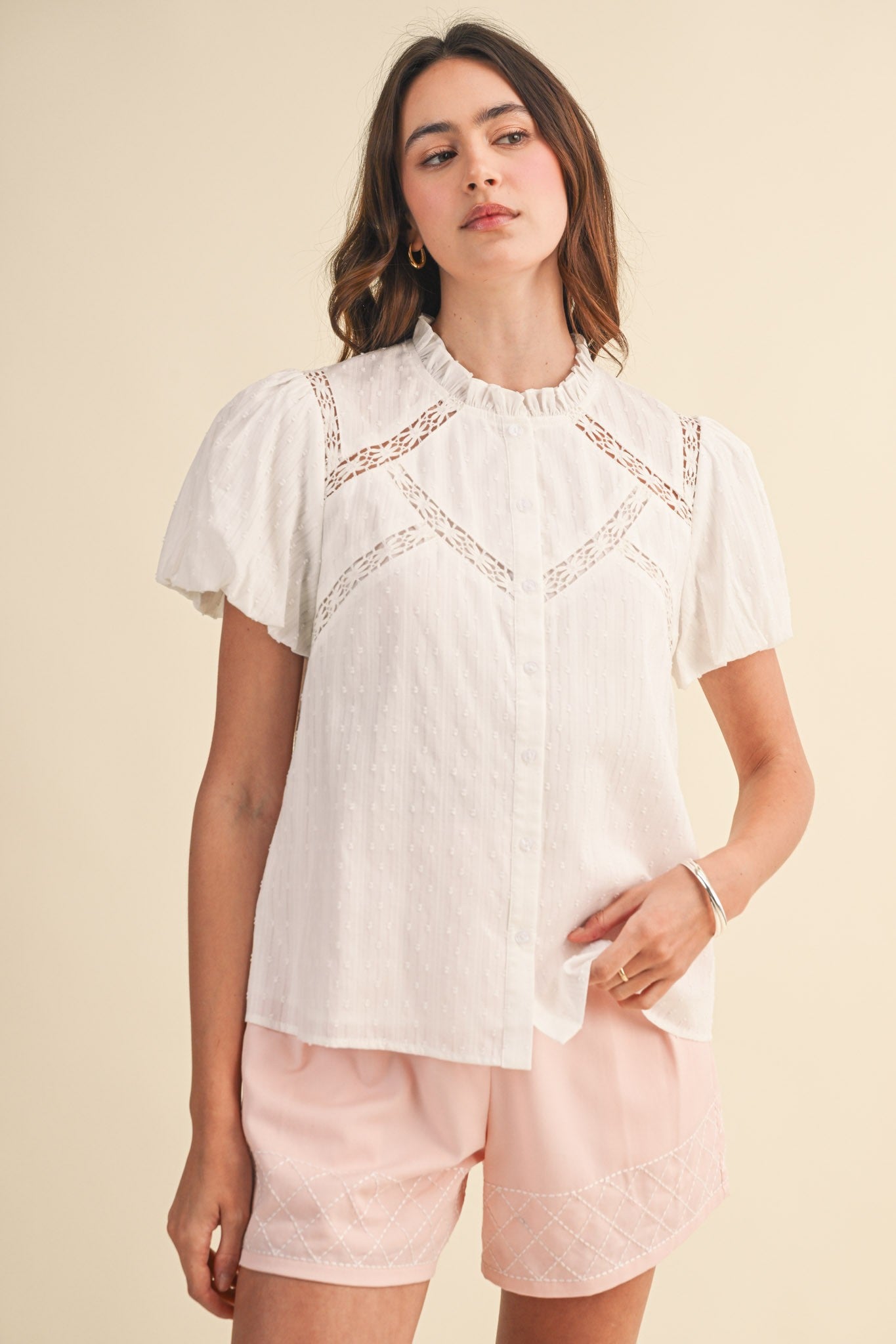 Lace Trim Button Blouse