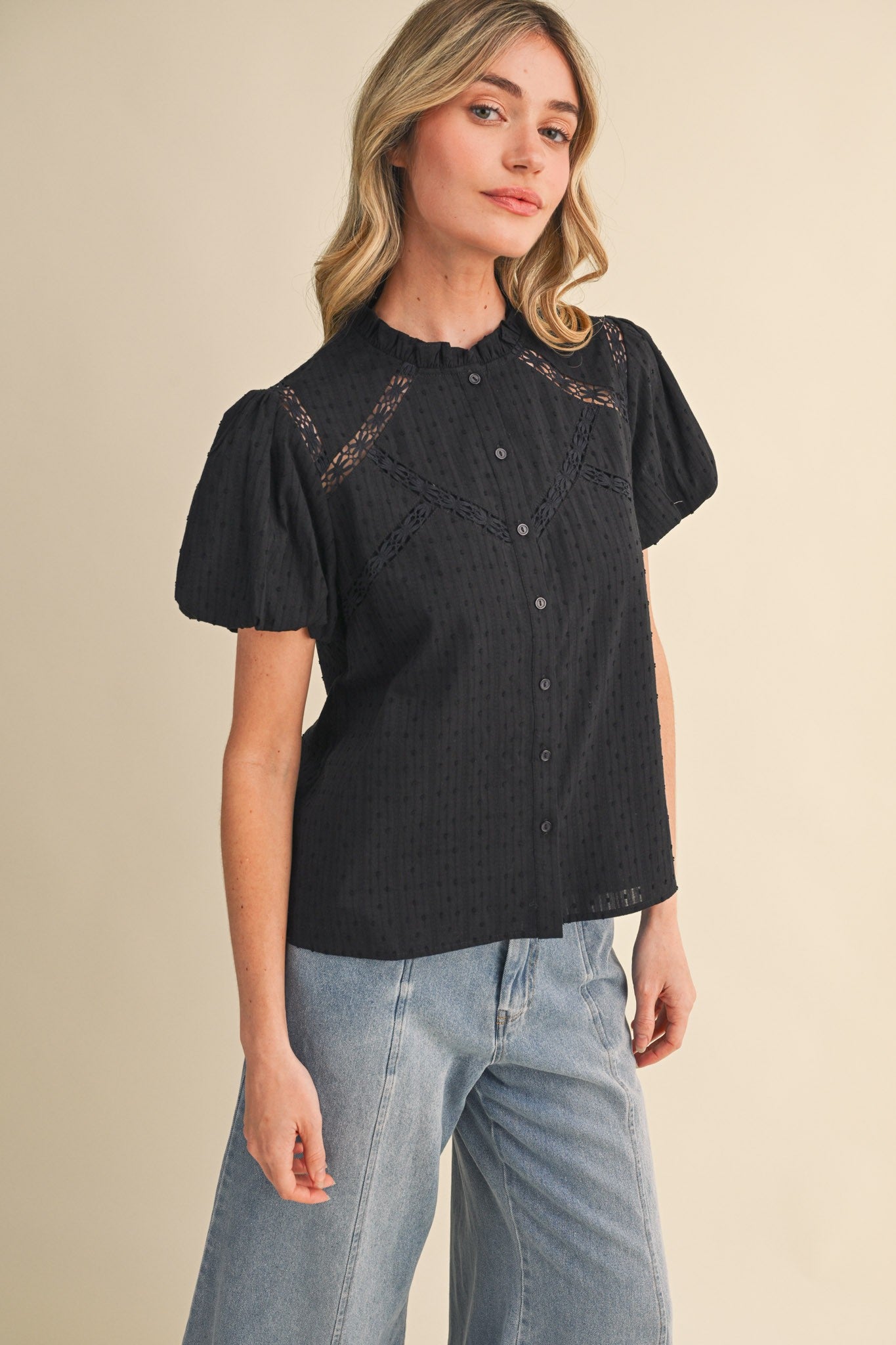 Lace Trim Button Blouse