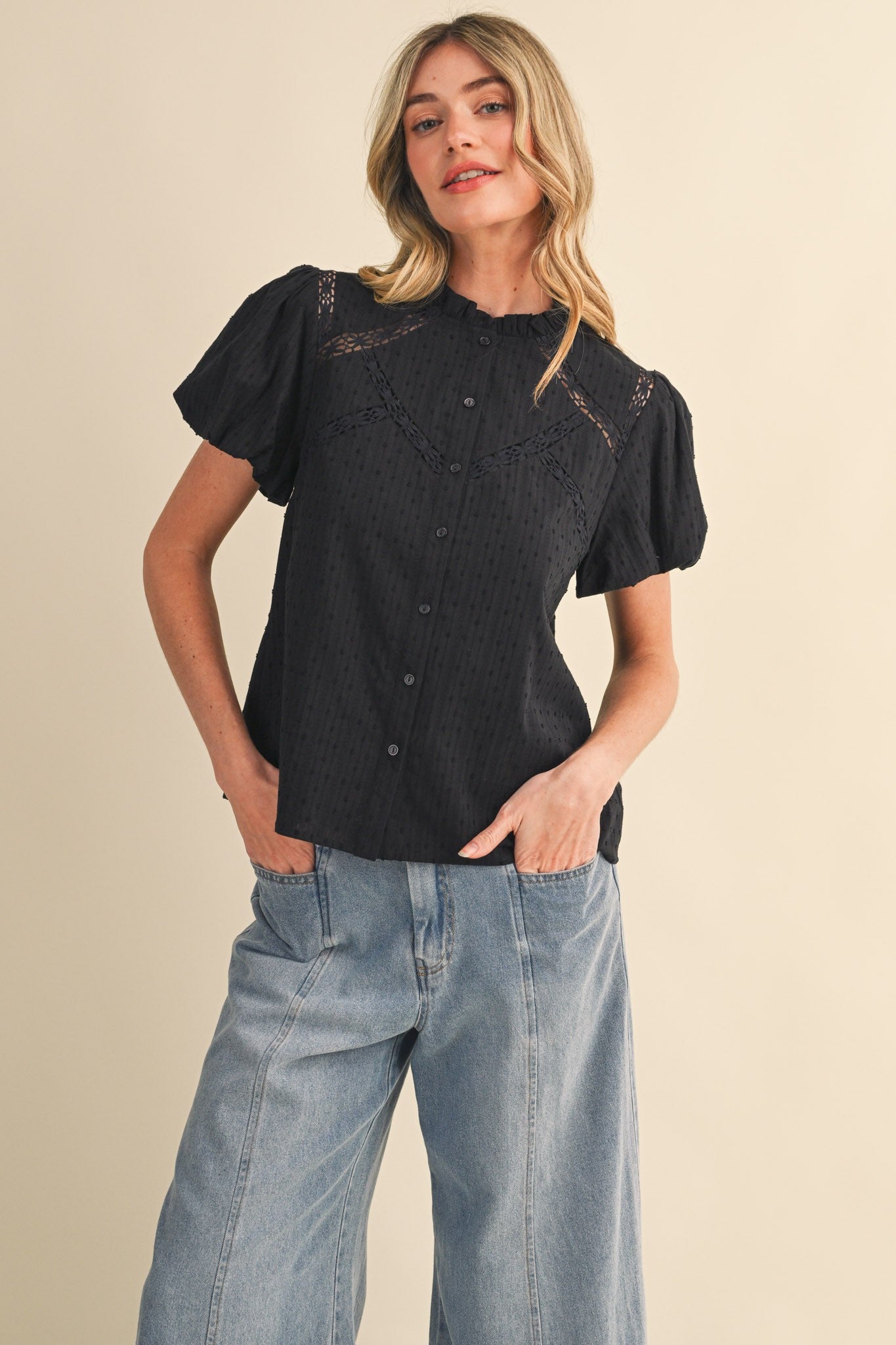 Lace Trim Button Blouse